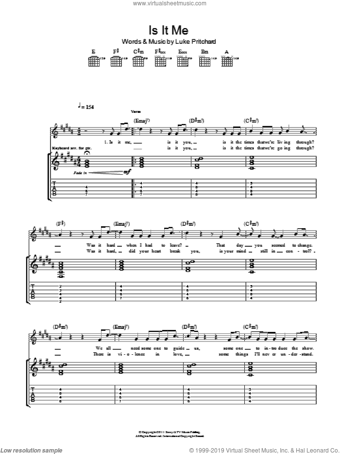 Is It Me sheet music for guitar (tablature) by The Kooks and Luke Pritchard, intermediate skill level