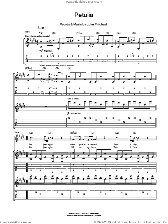 Petulia sheet music for guitar (tablature) by The Kooks and Luke Pritchard, intermediate skill level