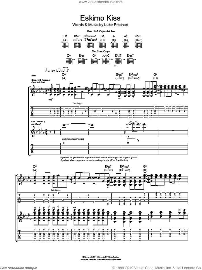 Eskimo Kiss sheet music for guitar (tablature) by The Kooks and Luke Pritchard, intermediate skill level