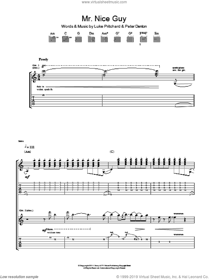 Mr. Nice Guy sheet music for guitar (tablature) by The Kooks, Luke Pritchard and Peter Denton, intermediate skill level