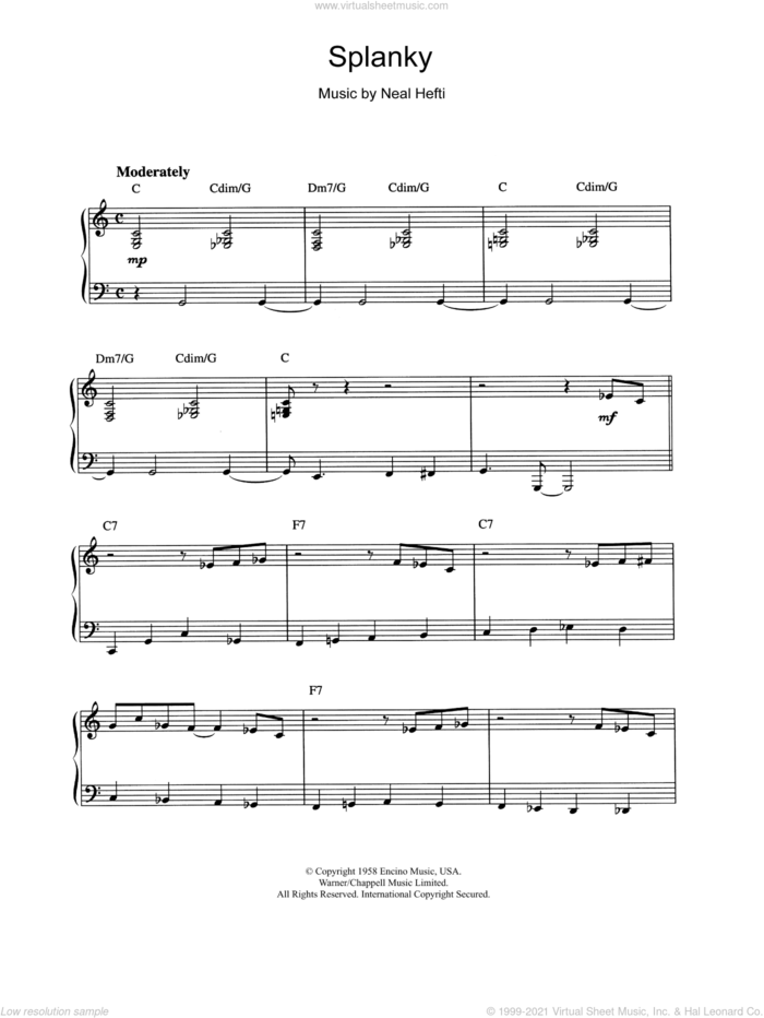 Splanky sheet music for piano solo by Count Basie and Neal Hefti, intermediate skill level
