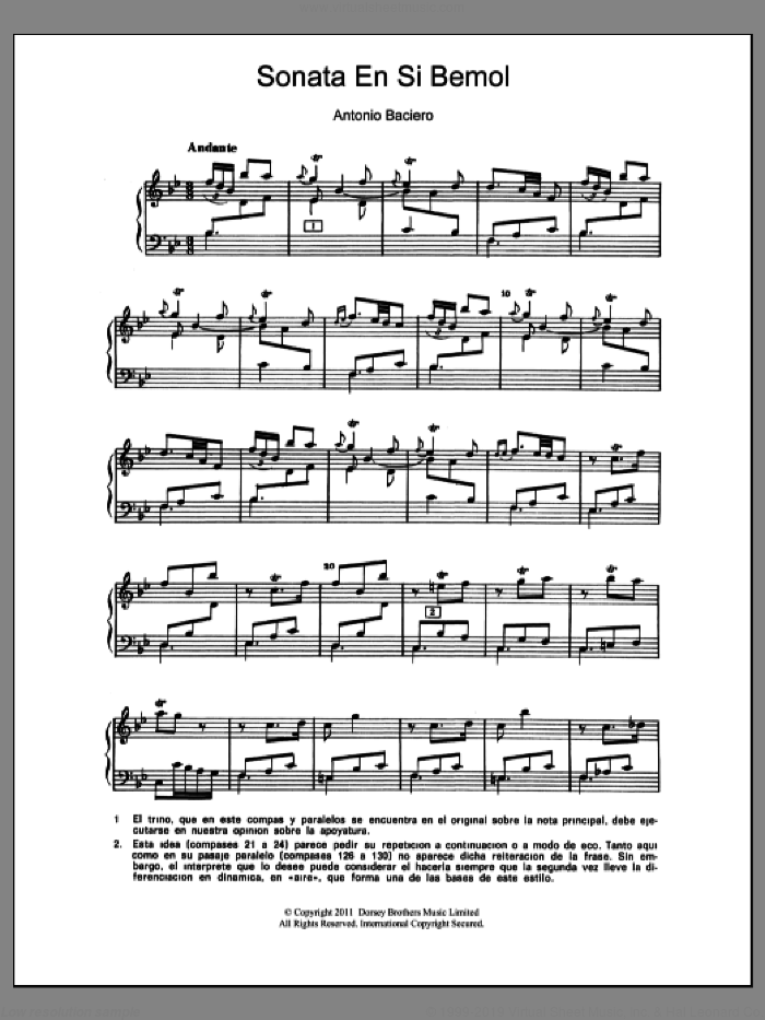 Sonata En Si Bemol sheet music for piano solo by Antonio Baciero, classical score, intermediate skill level