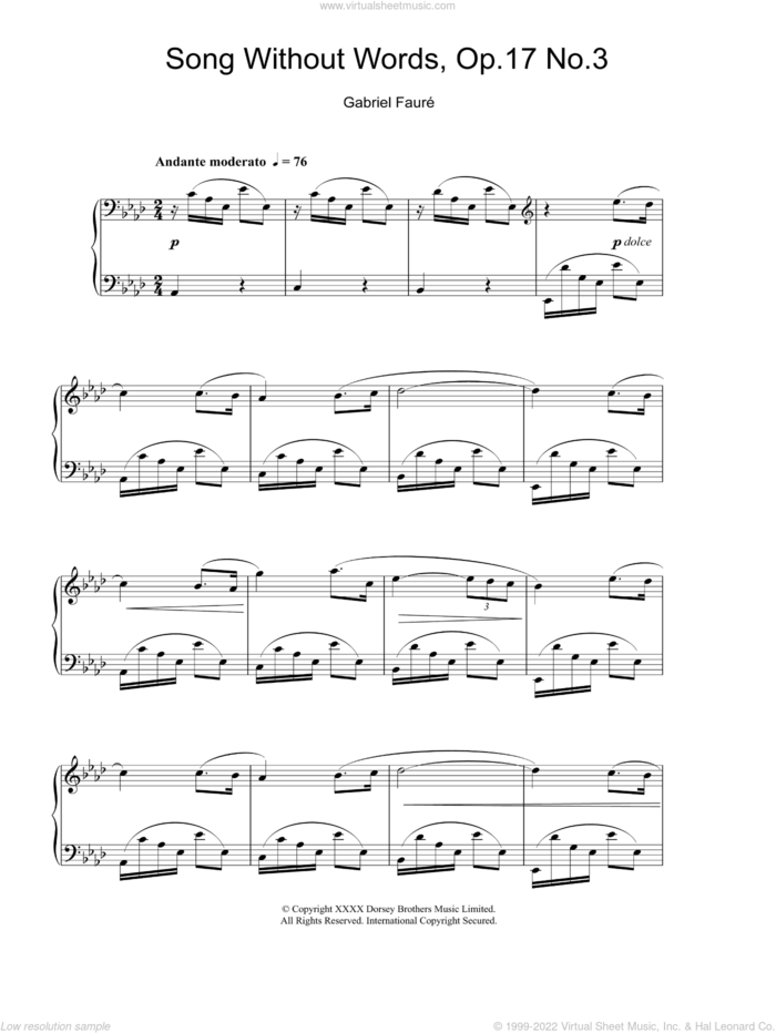 Song Without Words, Op. 17, No. 3 sheet music for piano solo by Gabriel Faure, classical score, intermediate skill level