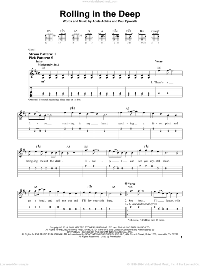 Rolling In The Deep sheet music for guitar solo (easy tablature) by Adele, Adele Adkins and Paul Epworth, easy guitar (easy tablature)