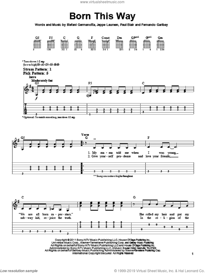 Born This Way sheet music for guitar solo (easy tablature) by Lady GaGa, Fernando Garibay, Jeppe Laursen and Paul Blair, easy guitar (easy tablature)