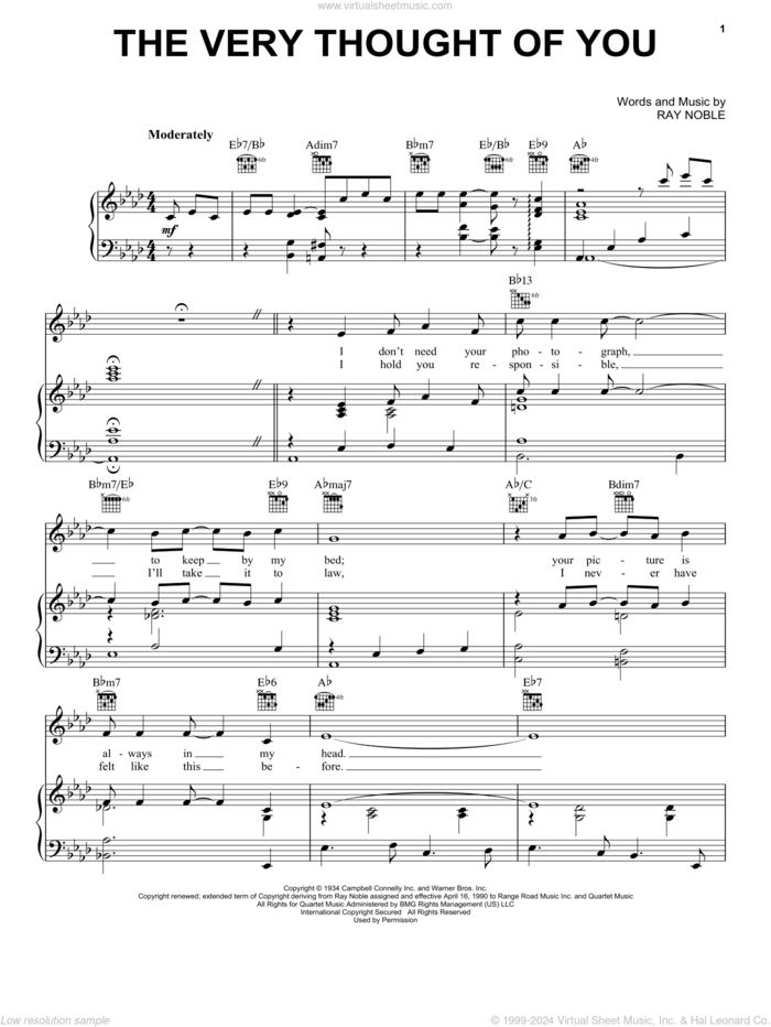 The Very Thought Of You sheet music for voice, piano or guitar by Kate Smith, Frank Sinatra, Nat King Cole, Ray Conniff, Rod Stewart and Ray Noble, intermediate skill level