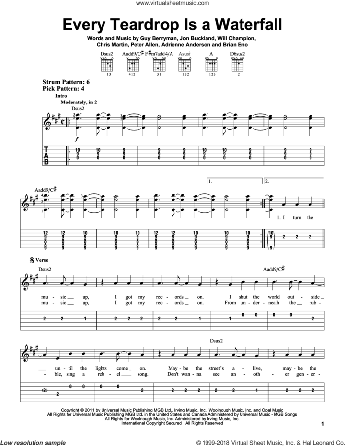 Every Teardrop Is A Waterfall sheet music for guitar solo (easy tablature) by Coldplay, Adrienne Anderson, Brian Eno, Chris Martin, Guy Berryman, Jon Buckland, Peter Allen and Will Champion, easy guitar (easy tablature)