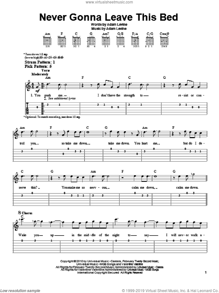 Never Gonna Leave This Bed sheet music for guitar solo (easy tablature) by Maroon 5 and Adam Levine, easy guitar (easy tablature)