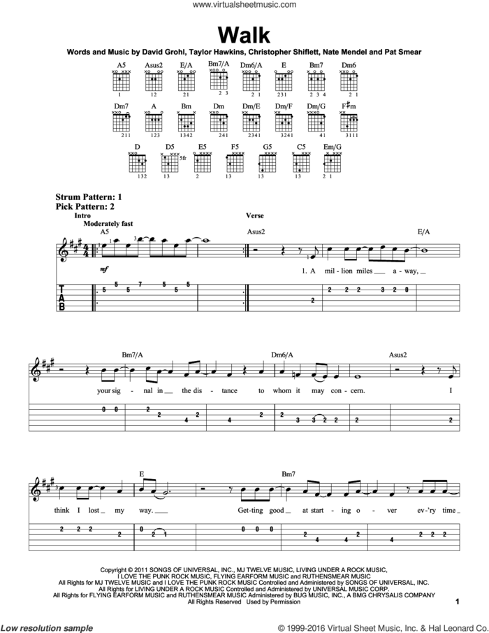 Walk sheet music for guitar solo (easy tablature) by Foo Fighters, Christopher Shiflett, Dave Grohl, Nate Mendel, Pat Smear and Taylor Hawkins, easy guitar (easy tablature)