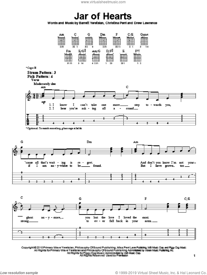 Jar Of Hearts sheet music for guitar solo (easy tablature) by Christina Perri, Barrett Yeretsian and Drew Lawrence, easy guitar (easy tablature)