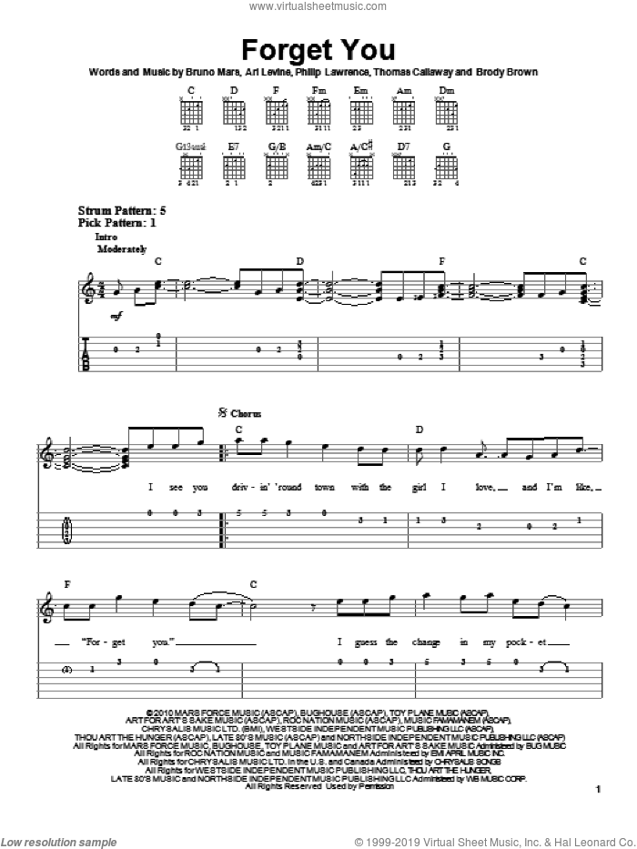 F**k You (Forget You) sheet music for guitar solo (easy tablature) by Cee Lo Green, Ari Levine, Bruno Mars, Philip Lawrence and Thomas Callaway, easy guitar (easy tablature)