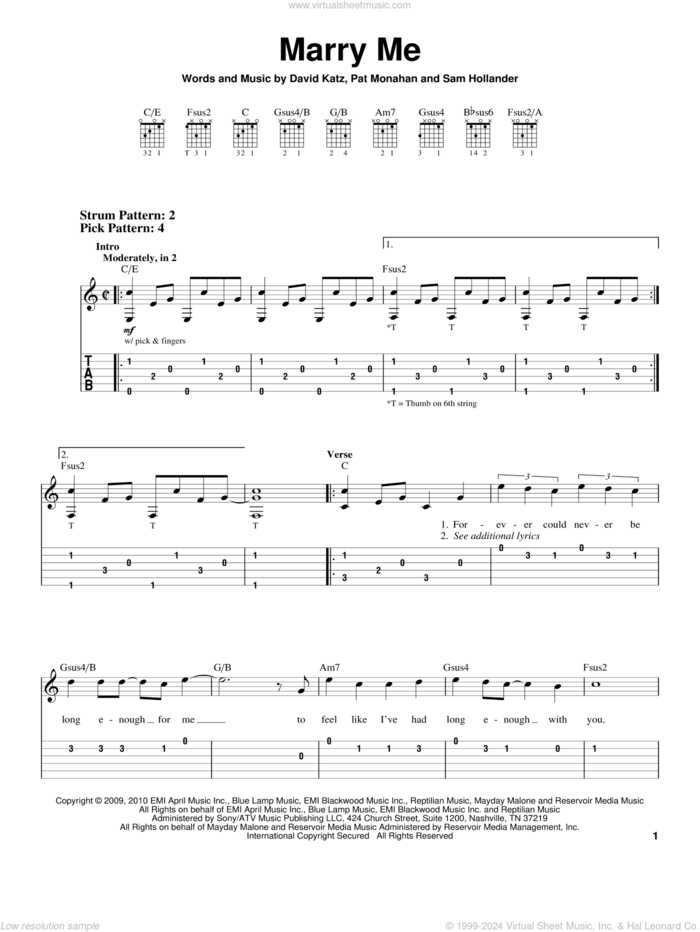 Marry Me sheet music for guitar solo (easy tablature) by Train and Pat Monahan, wedding score, easy guitar (easy tablature)