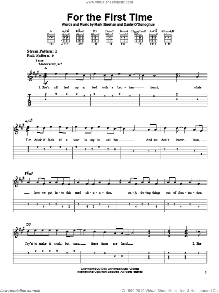 For The First Time sheet music for guitar solo (easy tablature) by The Script and Mark Sheehan, easy guitar (easy tablature)
