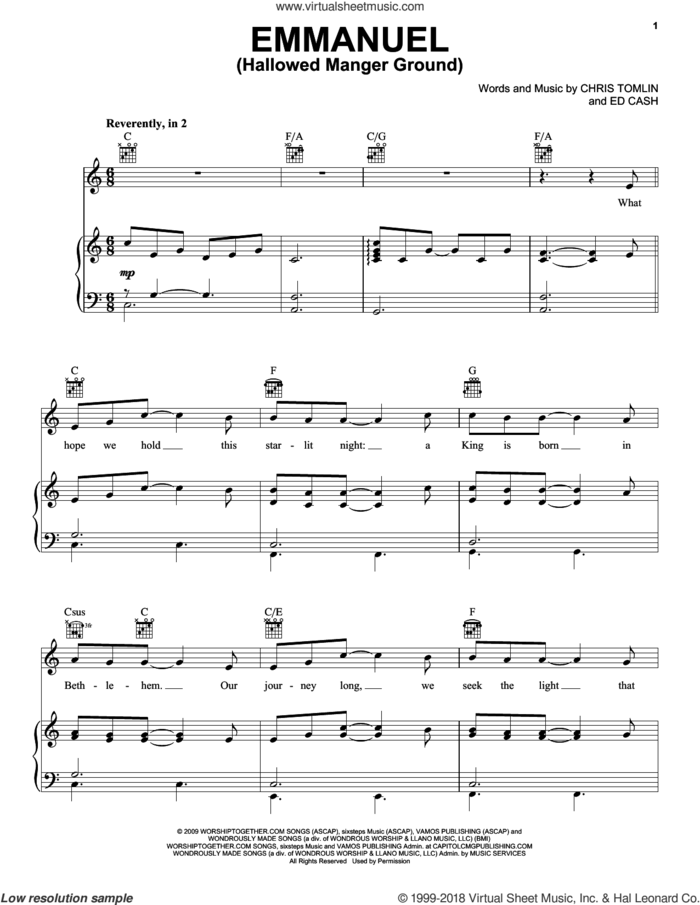 Emmanuel (Hallowed Manger Ground) sheet music for voice, piano or guitar by Chris Tomlin and Ed Cash, intermediate skill level
