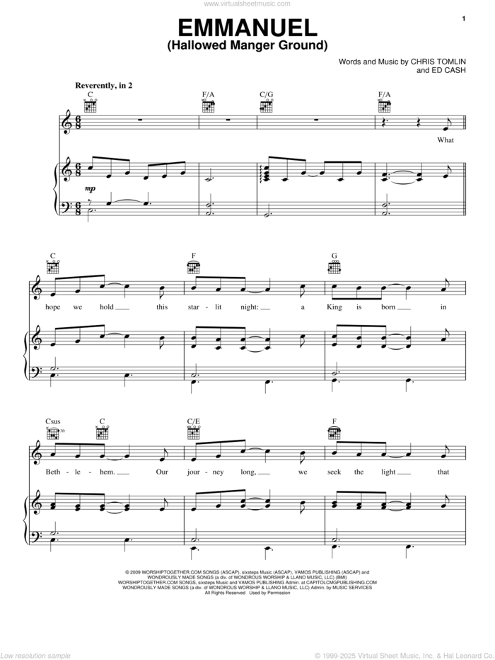 Emmanuel (Hallowed Manger Ground) sheet music for voice, piano or guitar by Chris Tomlin and Ed Cash, intermediate skill level