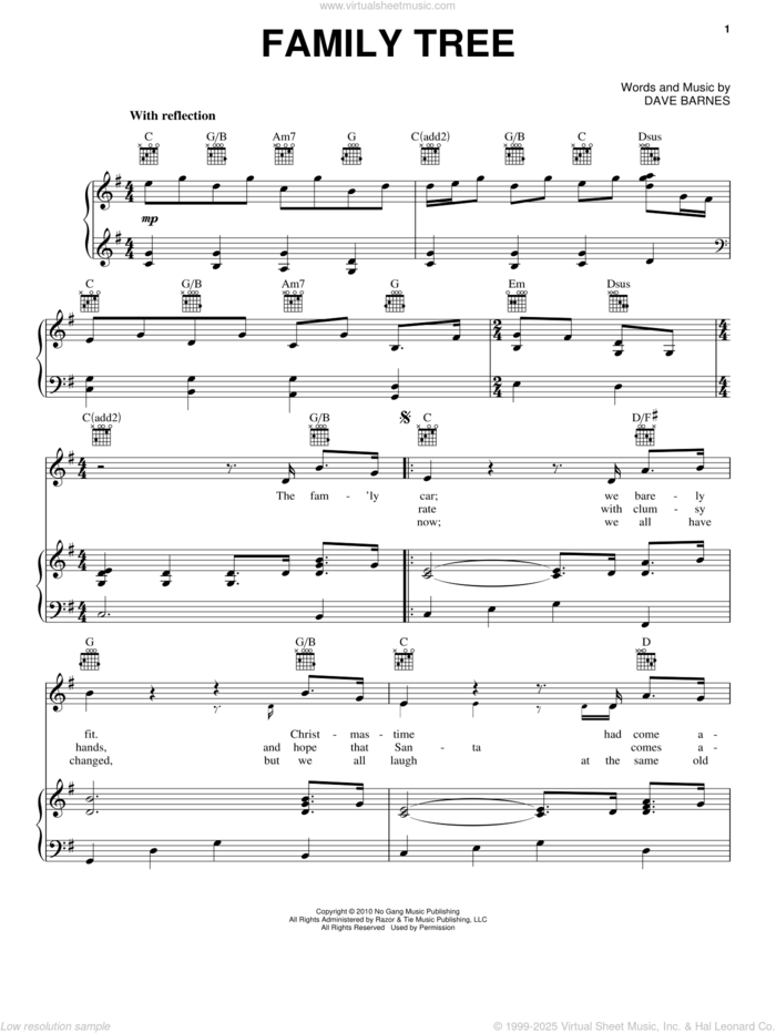 Family Tree sheet music for voice, piano or guitar by Dave Barnes, intermediate skill level