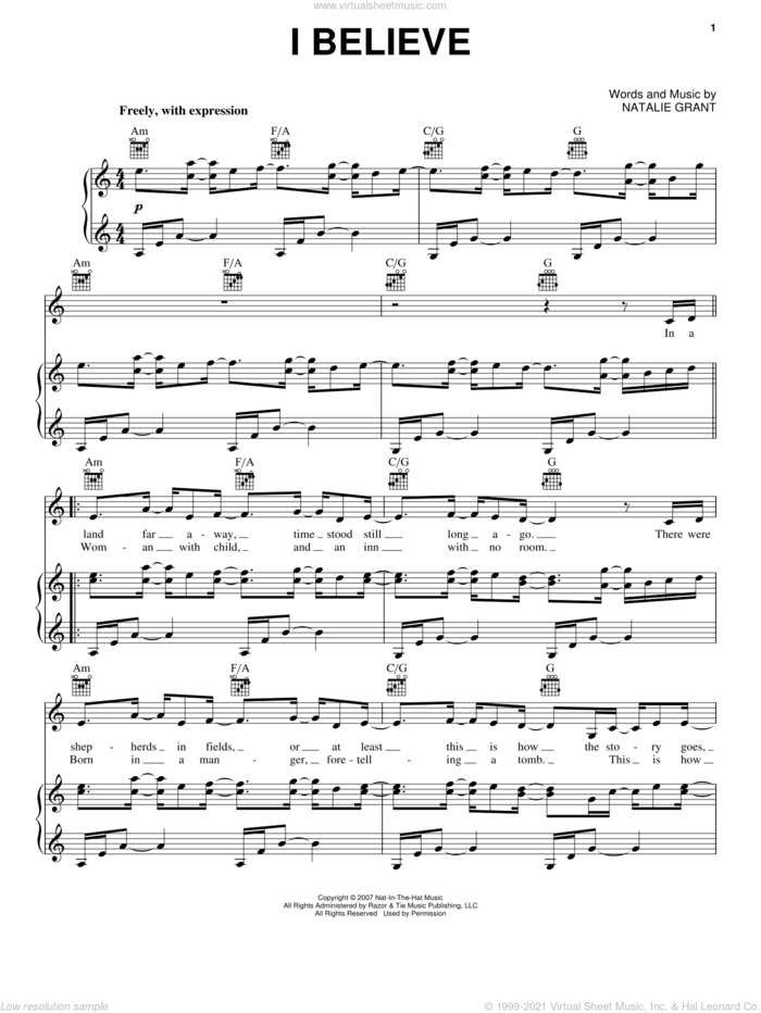 I Believe sheet music for voice, piano or guitar by Natalie Grant, intermediate skill level