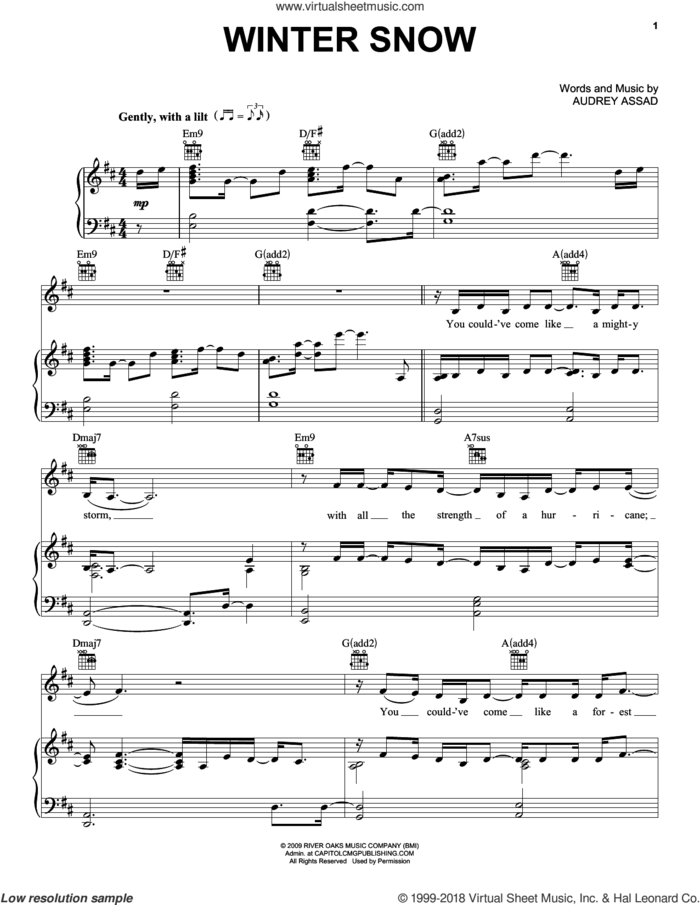 Winter Snow sheet music for voice, piano or guitar by Chris Tomlin and Audrey Assad, intermediate skill level