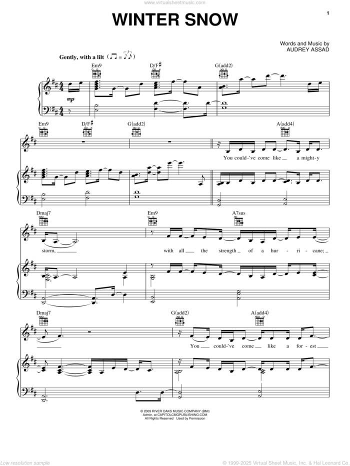 Winter Snow sheet music for voice, piano or guitar by Chris Tomlin and Audrey Assad, intermediate skill level