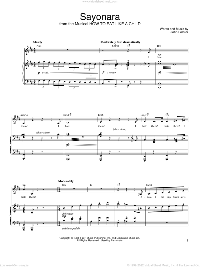 Sayonara sheet music for voice, piano or guitar by Mariann Cook and John Forster, intermediate skill level