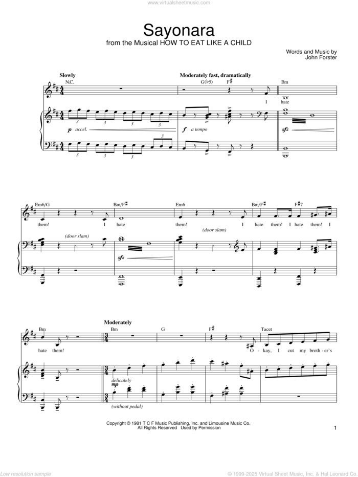 Sayonara sheet music for voice, piano or guitar by Mariann Cook and John Forster, intermediate skill level