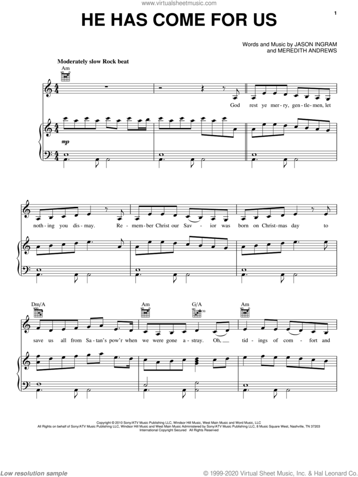 He Has Come For Us sheet music for voice, piano or guitar by Jason Ingram and Meredith Andrews, intermediate skill level