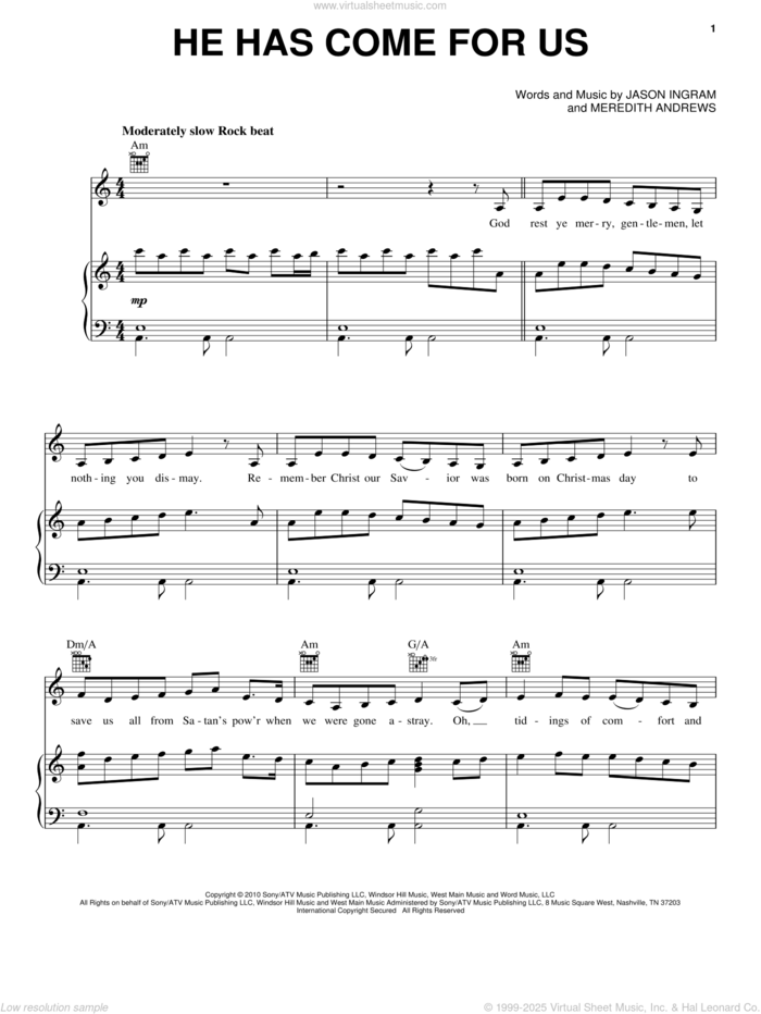 He Has Come For Us sheet music for voice, piano or guitar by Jason Ingram and Meredith Andrews, intermediate skill level