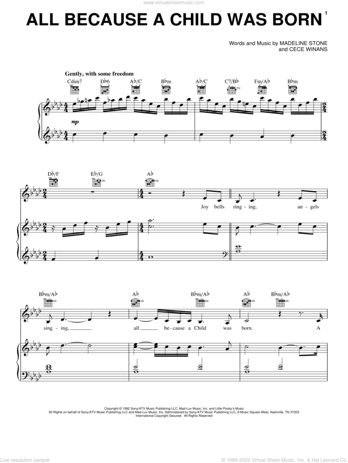 All Because A Child Was Born sheet music for voice, piano or guitar by BeBe & CeCe Winans, CeCe Winans and Madeline Stone, intermediate skill level