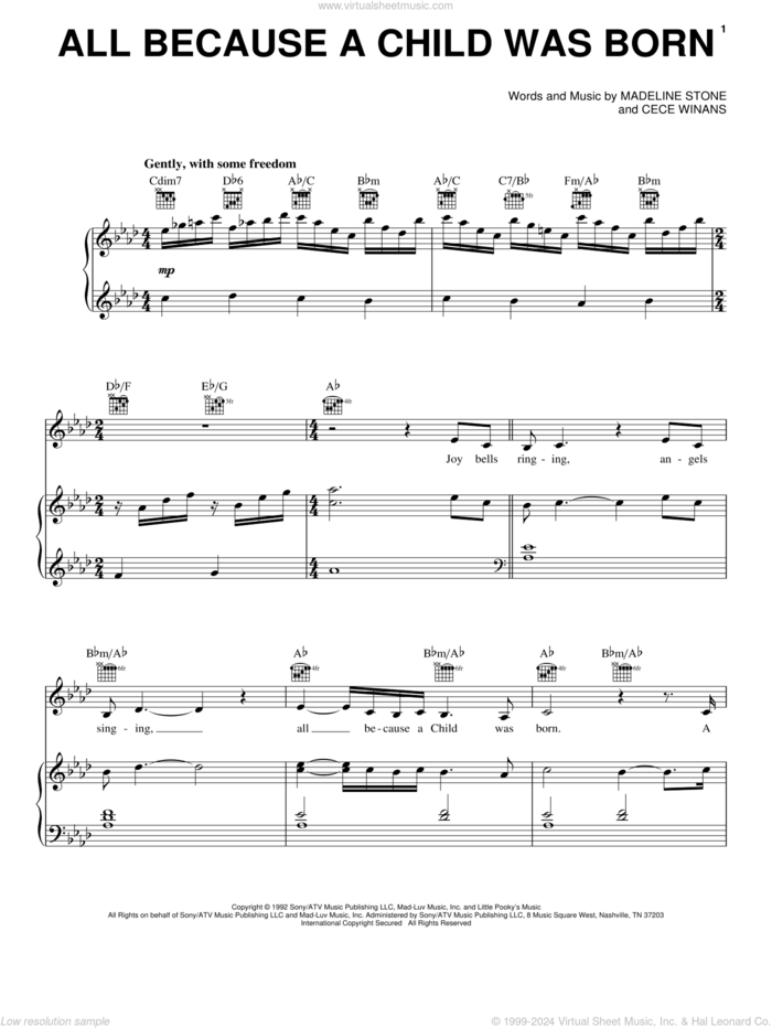 All Because A Child Was Born sheet music for voice, piano or guitar by BeBe & CeCe Winans, CeCe Winans and Madeline Stone, intermediate skill level