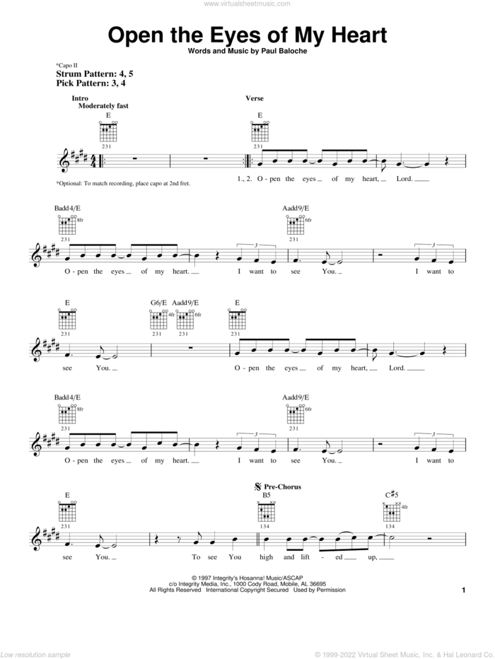 Open The Eyes Of My Heart sheet music for guitar solo (chords) by Paul Baloche and Sonicflood, easy guitar (chords)