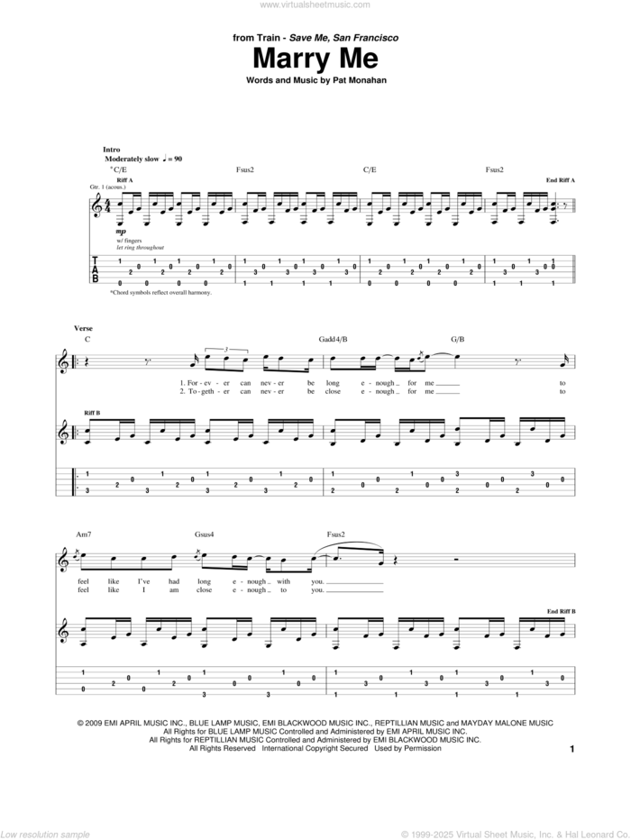 Marry Me sheet music for guitar (tablature) by Train and Pat Monahan, wedding score, intermediate skill level