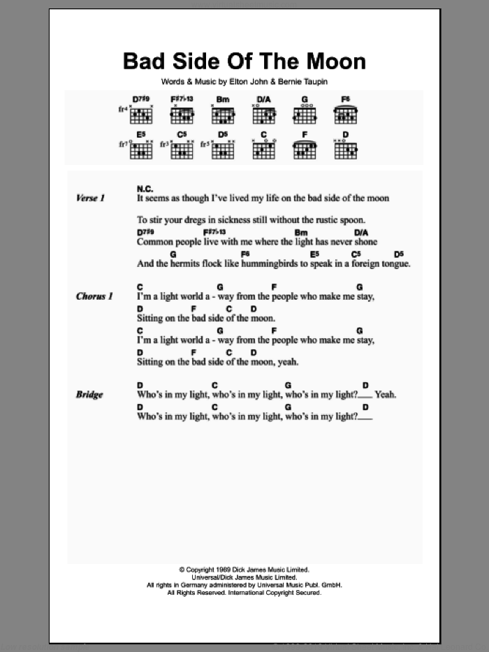 Bad Side Of The Moon sheet music for guitar (chords) by Elton John and Bernie Taupin, intermediate skill level