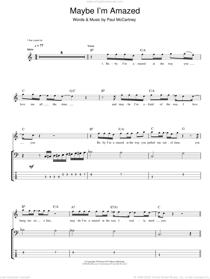 Maybe I'm Amazed sheet music for bass (tablature) (bass guitar) by Paul McCartney, wedding score, intermediate skill level