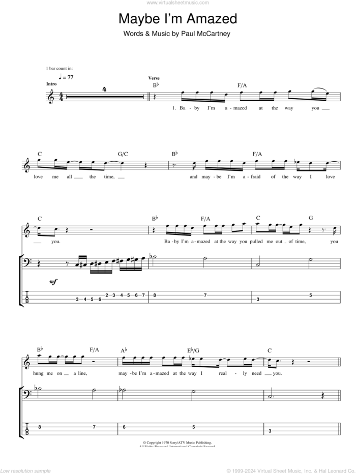 Maybe I'm Amazed sheet music for bass (tablature) (bass guitar) by Paul McCartney, wedding score, intermediate skill level