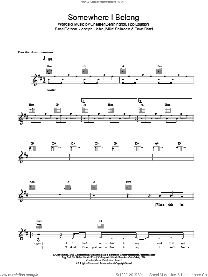 Somewhere I Belong sheet music for voice and other instruments (fake book) by Linkin Park, Brad Delson, Chester Bennington, David Farrell, Joseph Hahn, Mike Shinoda and Rob Bourdon, intermediate skill level