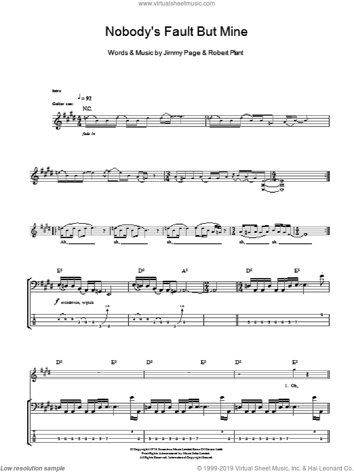 Nobody's Fault But Mine sheet music for bass (tablature) (bass guitar) by Led Zeppelin, Jimmy Page and Robert Plant, intermediate skill level