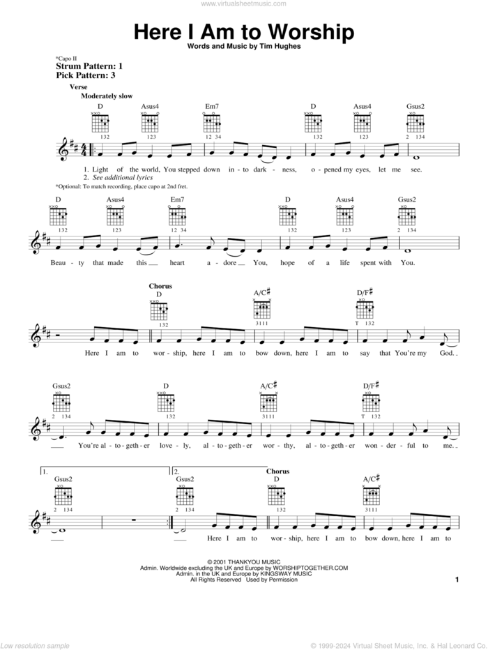 Here I Am To Worship sheet music for guitar solo (chords) by Phillips, Craig & Dean and Tim Hughes, easy guitar (chords)