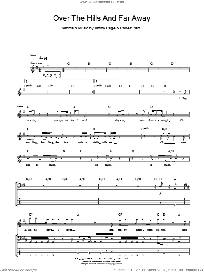 Over The Hills And Far Away sheet music for bass (tablature) (bass guitar) by Led Zeppelin, Jimmy Page and Robert Plant, intermediate skill level
