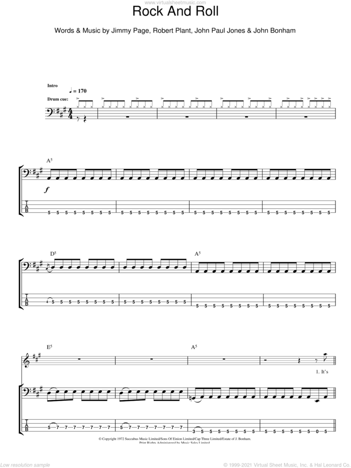 Rock And Roll sheet music for bass (tablature) (bass guitar) by Led Zeppelin, Jimmy Page, John Bonham, John Paul Jones and Robert Plant, intermediate skill level