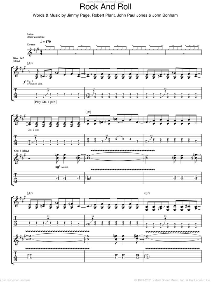 Rock And Roll sheet music for guitar (tablature) by Led Zeppelin, Jimmy Page, John Bonham, John Paul Jones and Robert Plant, intermediate skill level