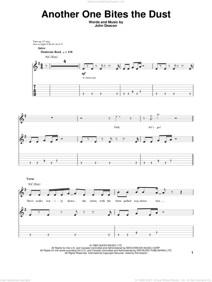 Another One Bites The Dust sheet music for guitar (tablature, play-along) by Queen and John Deacon, intermediate skill level