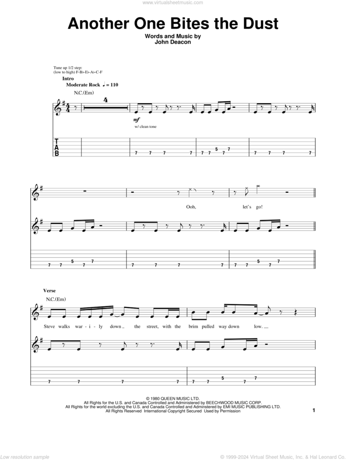 Another One Bites The Dust sheet music for guitar (tablature, play-along) by Queen and John Deacon, intermediate skill level