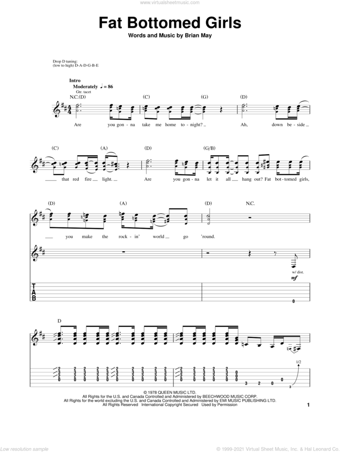 Fat Bottomed Girls sheet music for guitar (tablature, play-along) by Queen and Brian May, intermediate skill level