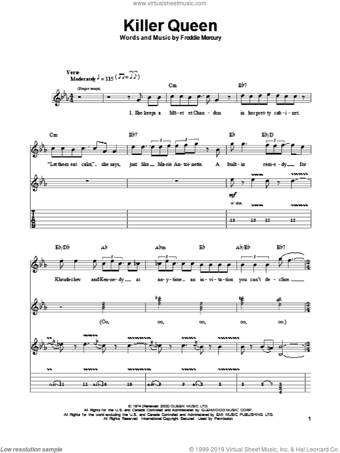 Killer Queen sheet music for guitar (tablature, play-along) by Queen and Freddie Mercury, intermediate skill level