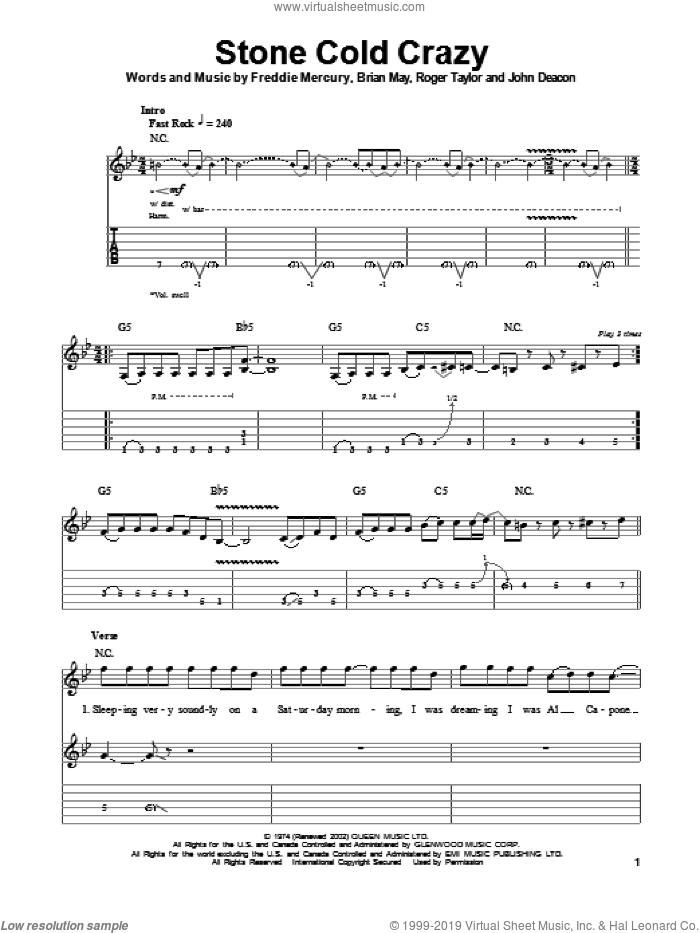 Stone Cold Crazy sheet music for guitar (tablature, play-along) by Queen, Brian May, Freddie Mercury, John Deacon and Roger Taylor, intermediate skill level