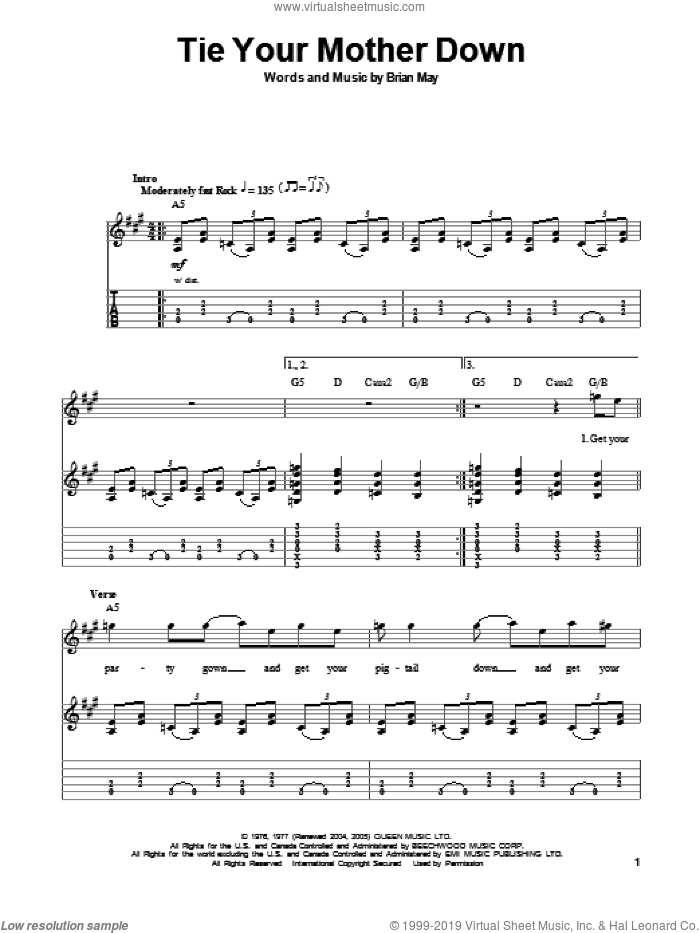 Tie Your Mother Down sheet music for guitar (tablature, play-along) by Queen and Brian May, intermediate skill level