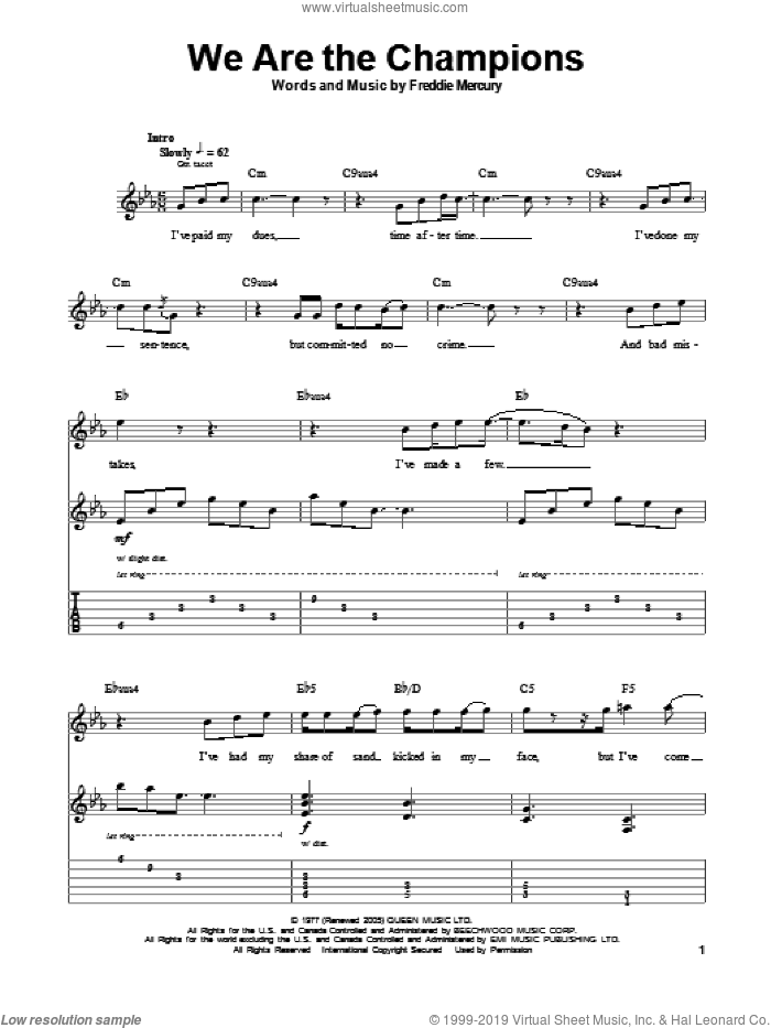 We Are The Champions sheet music for guitar (tablature, play-along) by Queen and Freddie Mercury, intermediate skill level