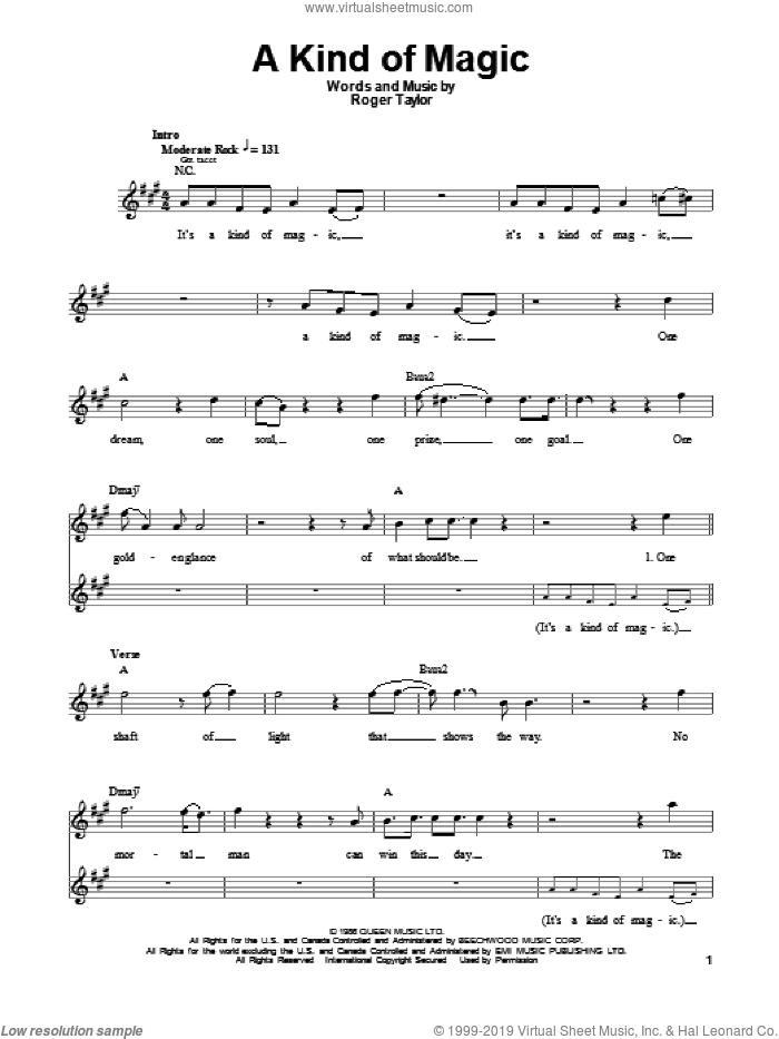 A Kind Of Magic sheet music for guitar (tablature, play-along) by Queen and Roger Taylor, intermediate skill level