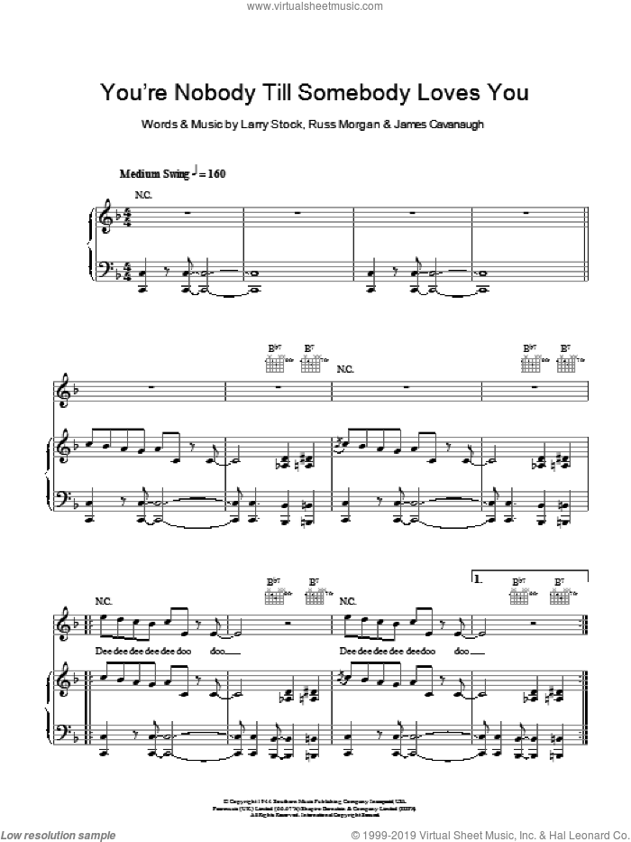 You're Nobody 'Til Somebody Loves You sheet music for voice, piano or guitar by Jamie Cullum, James Cavanaugh, Larry Stock and Russ Morgan, intermediate skill level