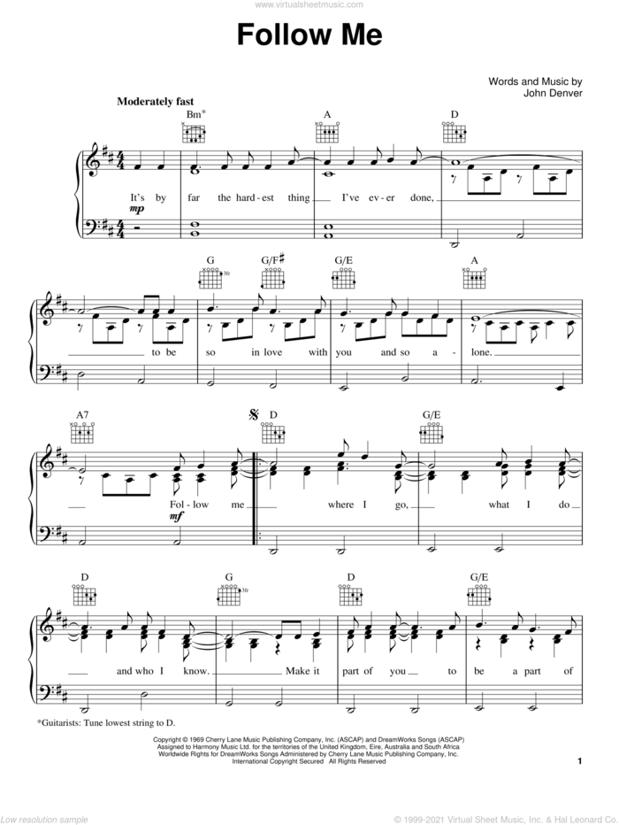 Follow Me sheet music for voice, piano or guitar by John Denver, wedding score, intermediate skill level